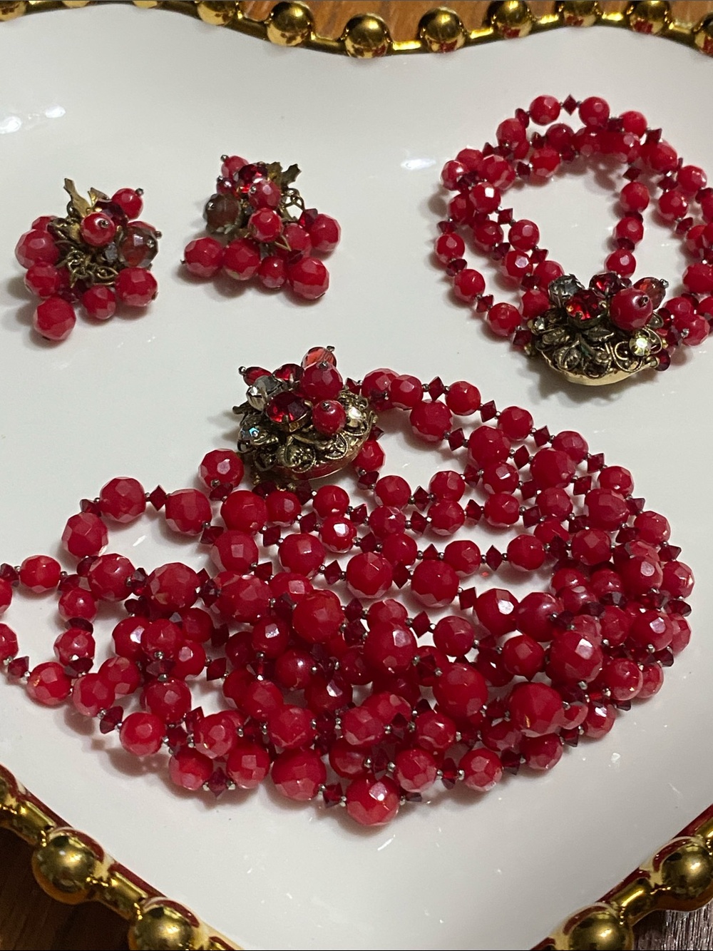 Miriam Haskell Red Faceted Multi-Strand Beaded Necklace set!